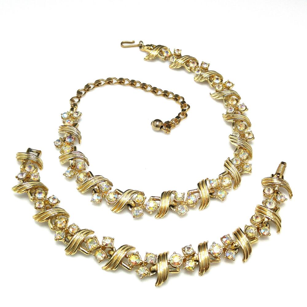 Vintage Aurora Borealis Rhinestone Necklace Bracelet Set, Gold Plated, 1960s